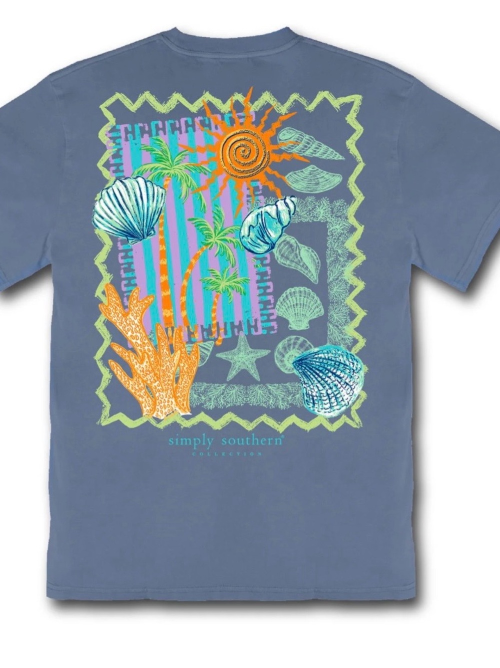 New Simply Southern Slate Blue Seashell & Coral Palm Beach Shirt 2XL XXL